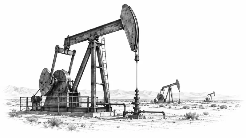 Pompe per l’estrazione petrolifera in un paesaggio industriale, disegnate a grafite.