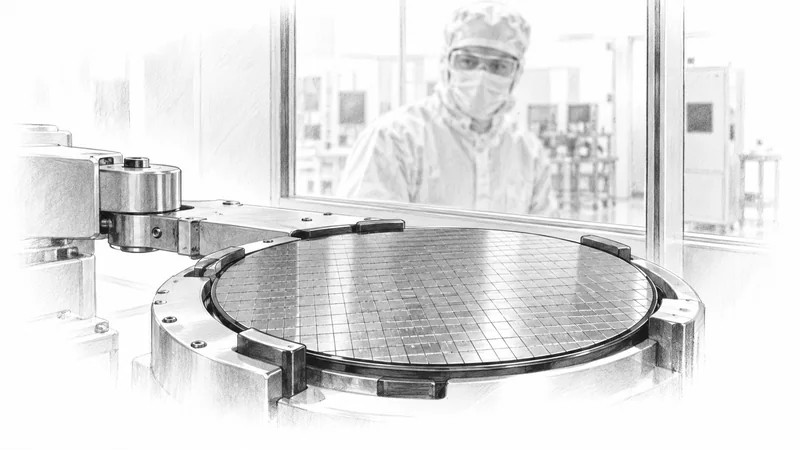 Wafer di semiconduttori e operatore in camera bianca, disegnati a grafite.