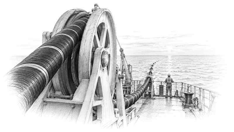 Posa illustrativa di un cavo sottomarino da una nave, disegnata a grafite.